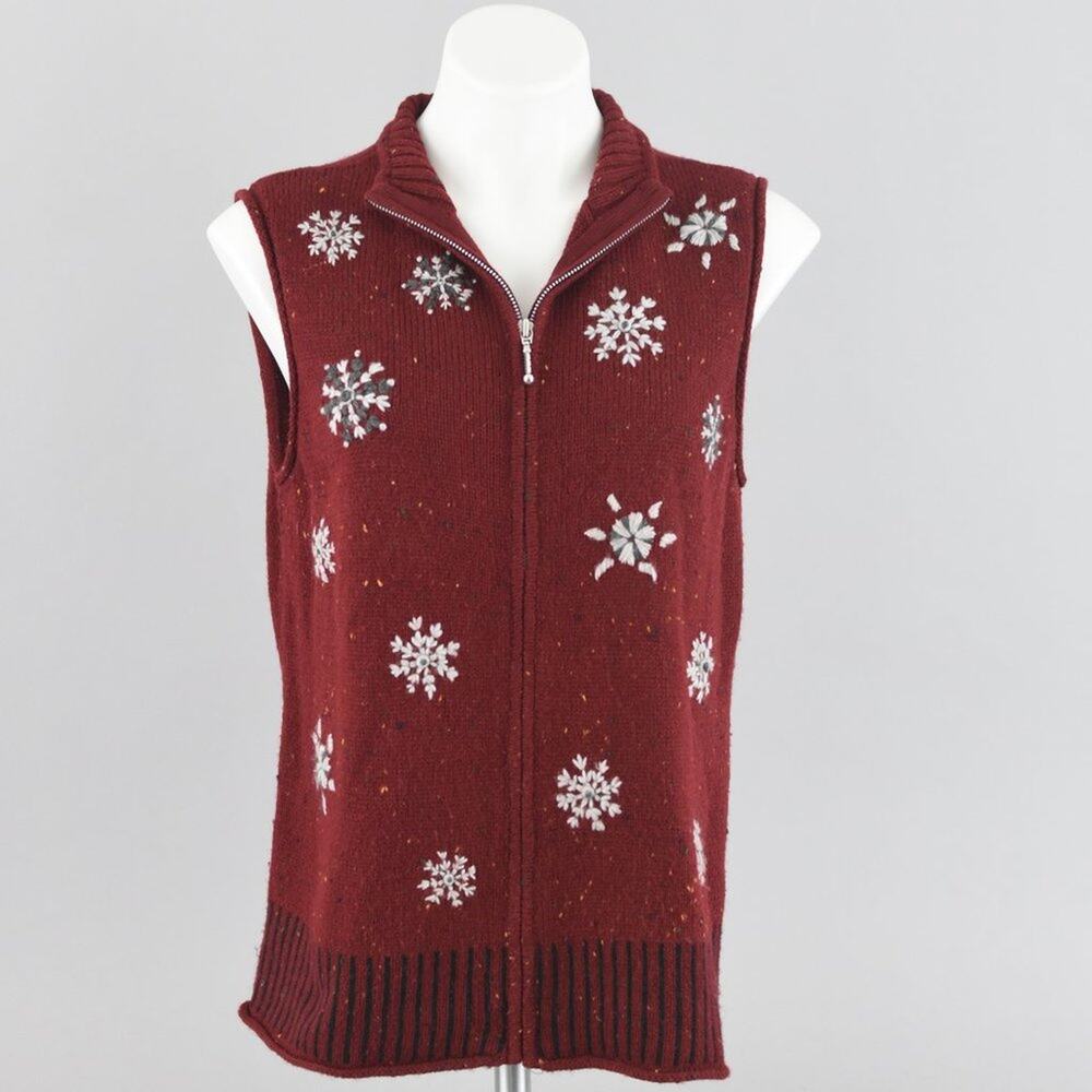 HANNAH Burgundy Snowflake Zip Up Wool Cardigan Women's Large